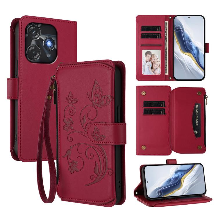 Butterfly Love Flower Multi-card Zipper Wallet Leather Phone Case, For Tecno Camon 30 4G / 5G, For Tecno Spark 20 Pro+ 4G, For Tecno Spark GO 2024 4G / 20 4G, For Tecno Pova 5 Pro 5G, For Tecno Pova Neo 3, For Tecno Pova 5, For Tecno Camon 20 Premier 5...