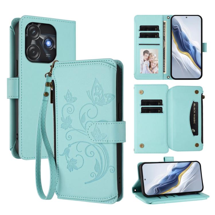 Butterfly Love Flower Multi-card Zipper Wallet Leather Phone Case, For Tecno Camon 30 4G / 5G, For Tecno Spark 20 Pro+ 4G, For Tecno Spark GO 2024 4G / 20 4G, For Tecno Pova 5 Pro 5G, For Tecno Pova Neo 3, For Tecno Pova 5, For Tecno Camon 20 Premier 5...
