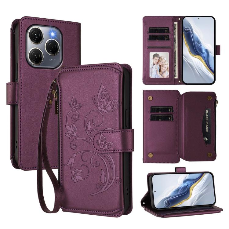 Butterfly Love Flower Multi-card Zipper Wallet Leather Phone Case, For Tecno Spark 30 Pro 4G, For Tecno Spark 30 5G / Pova 6 Neo 5G, For Tecno Spark 30 4G, For Tecno Spark GO 5G 2025 / Hot 60i 4G, For Tecno Spark 30C 4G, For Tecno Spark 20 Pro 5G      ...