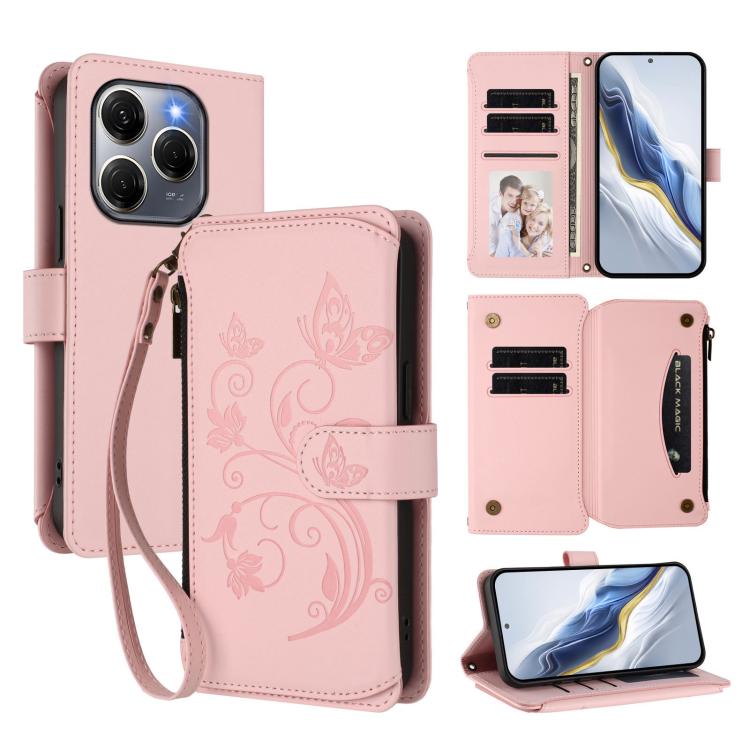 Butterfly Love Flower Multi-card Zipper Wallet Leather Phone Case, For Tecno Spark 30 Pro 4G, For Tecno Spark 30 5G / Pova 6 Neo 5G, For Tecno Spark 30 4G, For Tecno Spark GO 5G 2025 / Hot 60i 4G, For Tecno Spark 30C 4G, For Tecno Spark 20 Pro 5G      ...