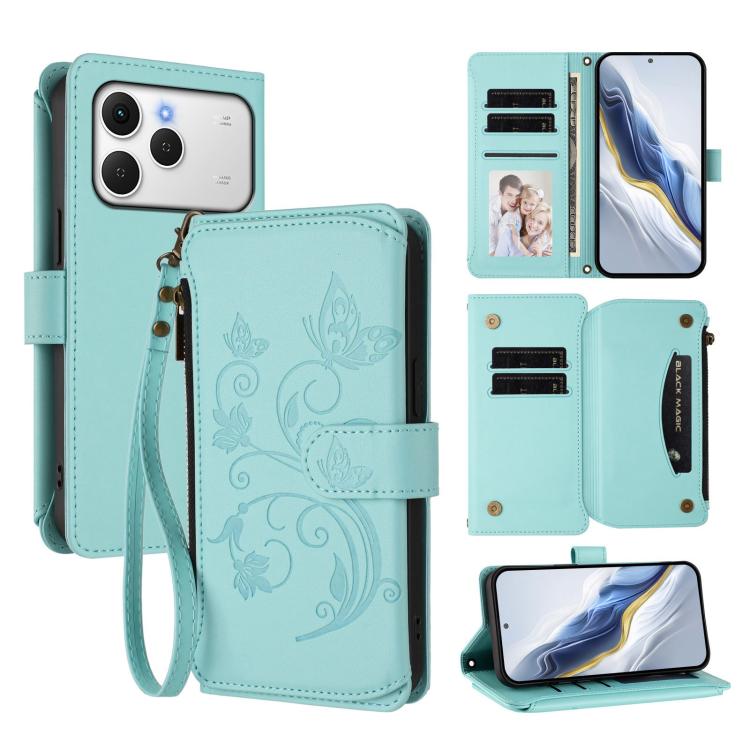 Butterfly Love Flower Multi-card Zipper Wallet Leather Phone Case, For Tecno Camon 50 Pro 4G, For Tecno Camon 50 4G, For Tecno Spark Slim 5G, For Tecno Camon 40 Pro 4G, For Tecno Spark 40 4G, For Tecno Pova 7 4G, For Tecno Spark GO 2025 / 1S           ...