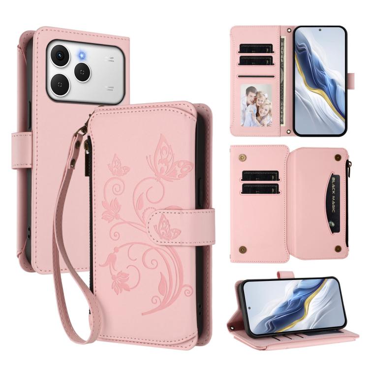 Butterfly Love Flower Multi-card Zipper Wallet Leather Phone Case, For Tecno Camon 50 Pro 4G, For Tecno Camon 50 4G, For Tecno Spark Slim 5G, For Tecno Camon 40 Pro 4G, For Tecno Spark 40 4G, For Tecno Pova 7 4G, For Tecno Spark GO 2025 / 1S           ...