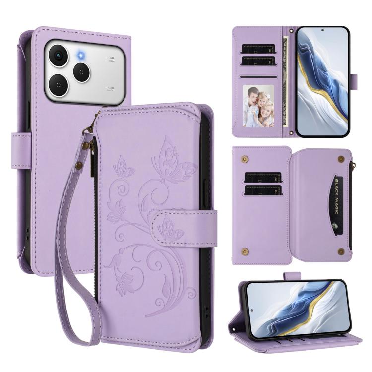 Butterfly Love Flower Multi-card Zipper Wallet Leather Phone Case, For Tecno Camon 50 Pro 4G, For Tecno Camon 50 4G, For Tecno Spark Slim 5G, For Tecno Camon 40 Pro 4G, For Tecno Spark 40 4G, For Tecno Pova 7 4G, For Tecno Spark GO 2025 / 1S           ...