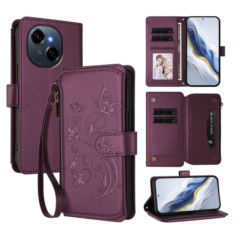 Butterfly Love Flower Multi-card Zipper Wallet Leather Phone Case, For Tecno Camon 50 Pro 4G, For Tecno Camon 50 4G, For Tecno Spark Slim 5G, For Tecno Camon 40 Pro 4G, For Tecno Spark 40 4G, For Tecno Pova 7 4G, For Tecno Spark GO 2025 / 1S           ...