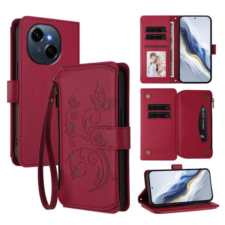 Butterfly Love Flower Multi-card Zipper Wallet Leather Phone Case, For Tecno Camon 50 Pro 4G, For Tecno Camon 50 4G, For Tecno Spark Slim 5G, For Tecno Camon 40 Pro 4G, For Tecno Spark 40 4G, For Tecno Pova 7 4G, For Tecno Spark GO 2025 / 1S           ...