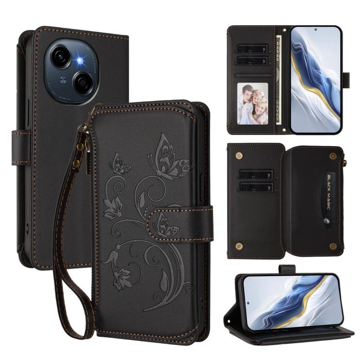 Butterfly Love Flower Multi-card Zipper Wallet Leather Phone Case, For Tecno Camon 50 Pro 4G, For Tecno Camon 50 4G, For Tecno Spark Slim 5G, For Tecno Camon 40 Pro 4G, For Tecno Spark 40 4G, For Tecno Pova 7 4G, For Tecno Spark GO 2025 / 1S           ...