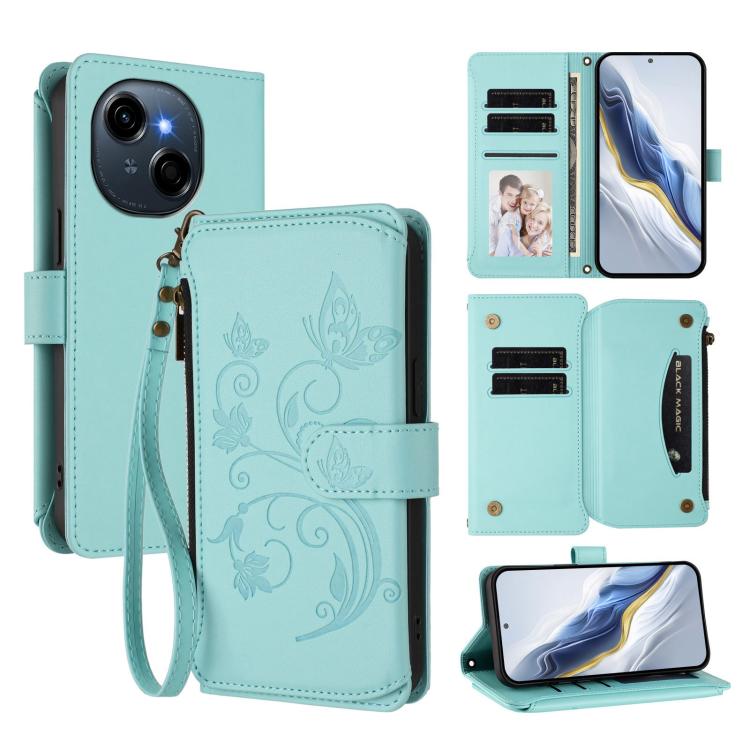 Butterfly Love Flower Multi-card Zipper Wallet Leather Phone Case, For Tecno Camon 50 Pro 4G, For Tecno Camon 50 4G, For Tecno Spark Slim 5G, For Tecno Camon 40 Pro 4G, For Tecno Spark 40 4G, For Tecno Pova 7 4G, For Tecno Spark GO 2025 / 1S           ...