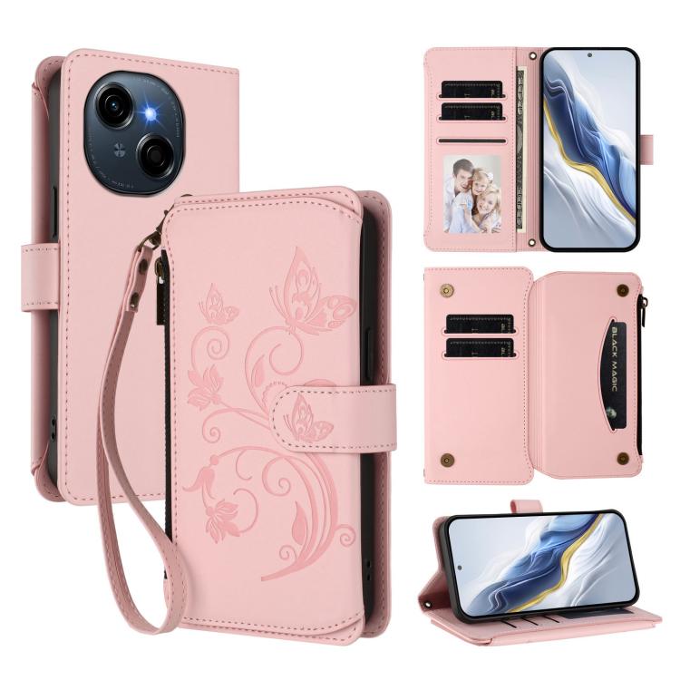 Butterfly Love Flower Multi-card Zipper Wallet Leather Phone Case, For Tecno Camon 50 Pro 4G, For Tecno Camon 50 4G, For Tecno Spark Slim 5G, For Tecno Camon 40 Pro 4G, For Tecno Spark 40 4G, For Tecno Pova 7 4G, For Tecno Spark GO 2025 / 1S           ...