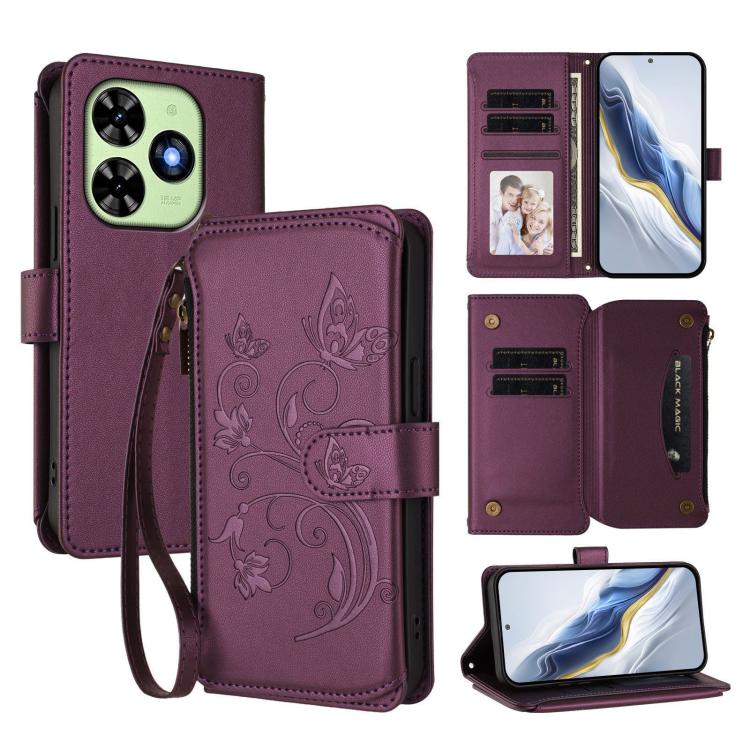 Butterfly Love Flower Multi-card Zipper Wallet Leather Phone Case, For Tecno Camon 30 4G / 5G, For Tecno Spark 20 Pro+ 4G, For Tecno Spark GO 2024 4G / 20 4G, For Tecno Pova 5 Pro 5G, For Tecno Pova Neo 3, For Tecno Pova 5, For Tecno Camon 20 Premier 5...