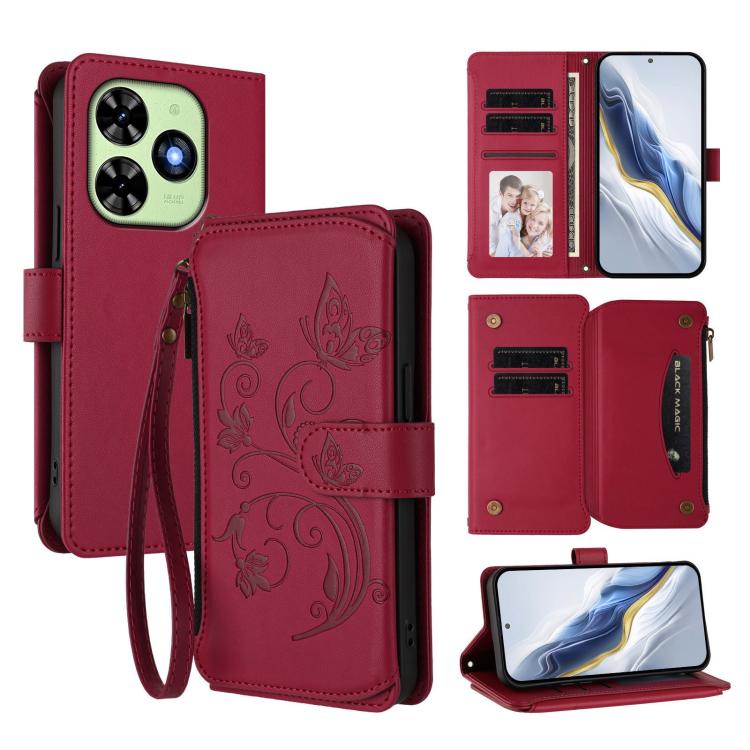 Butterfly Love Flower Multi-card Zipper Wallet Leather Phone Case, For Tecno Camon 30 4G / 5G, For Tecno Spark 20 Pro+ 4G, For Tecno Spark GO 2024 4G / 20 4G, For Tecno Pova 5 Pro 5G, For Tecno Pova Neo 3, For Tecno Pova 5, For Tecno Camon 20 Premier 5...