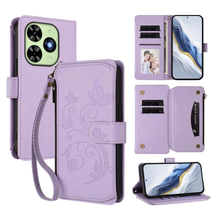 Butterfly Love Flower Multi-card Zipper Wallet Leather Phone Case, For Tecno Camon 30 4G / 5G, For Tecno Spark 20 Pro+ 4G, For Tecno Spark GO 2024 4G / 20 4G, For Tecno Pova 5 Pro 5G, For Tecno Pova Neo 3, For Tecno Pova 5, For Tecno Camon 20 Premier 5...