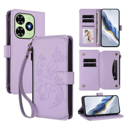 Butterfly Love Flower Multi-card Zipper Wallet Leather Phone Case, For Tecno Camon 30 4G / 5G, For Tecno Spark 20 Pro+ 4G, For Tecno Spark GO 2024 4G / 20 4G, For Tecno Pova 5 Pro 5G, For Tecno Pova Neo 3, For Tecno Pova 5, For Tecno Camon 20 Premier 5...