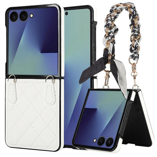 Rhombic Leather Phone Case with Scarf / Bracelet, For Samsung Galaxy Z Flip7 5G