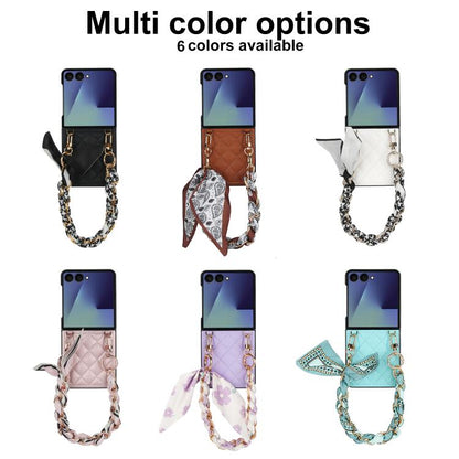 Rhombic Leather Phone Case with Scarf / Bracelet, For Samsung Galaxy Z Flip7 5G