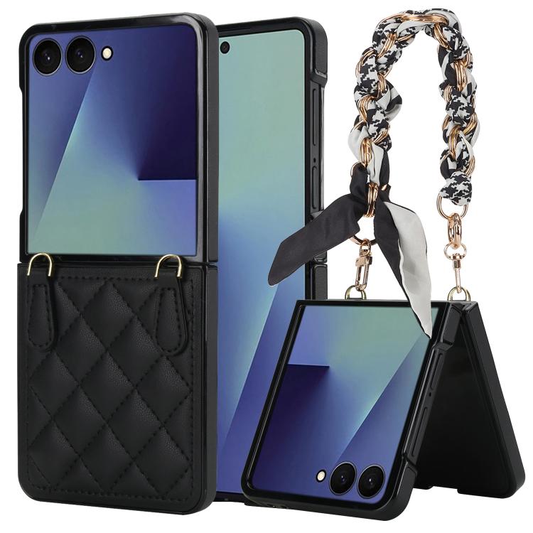 Rhombic Leather Phone Case with Scarf / Bracelet, For Samsung Galaxy Z Flip7 5G