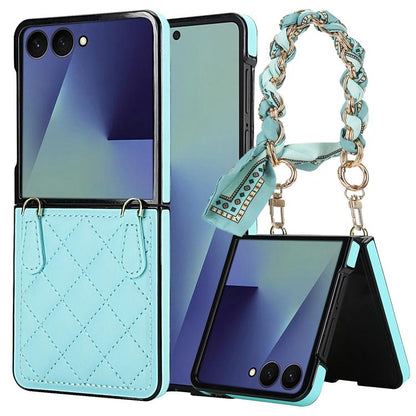 Rhombic Leather Phone Case with Scarf / Bracelet, For Samsung Galaxy Z Flip7 5G