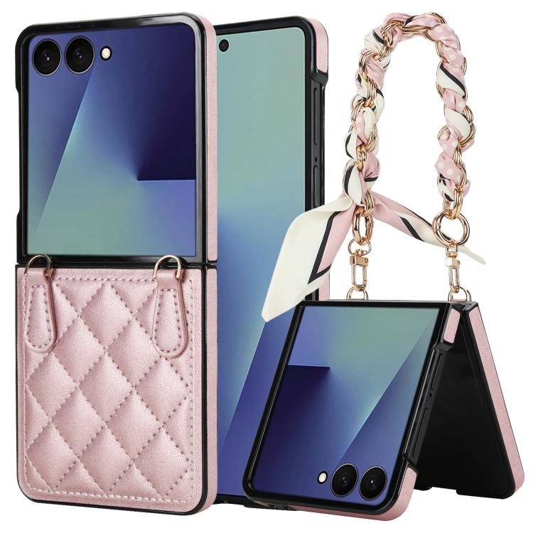 Rhombic Leather Phone Case with Scarf / Bracelet, For Samsung Galaxy Z Flip7 5G