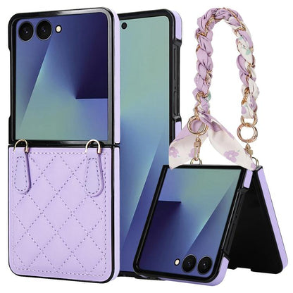 Rhombic Leather Phone Case with Scarf / Bracelet, For Samsung Galaxy Z Flip7 5G