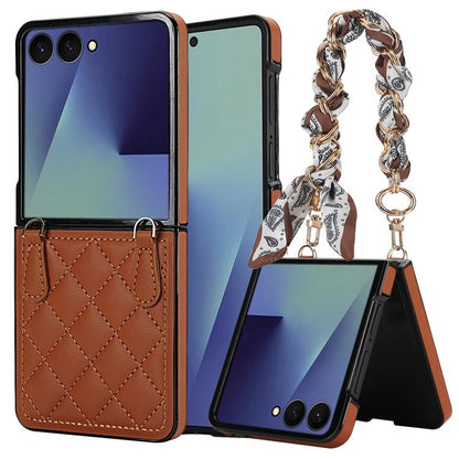 Rhombic Leather Phone Case with Scarf / Bracelet, For Samsung Galaxy Z Flip7 5G