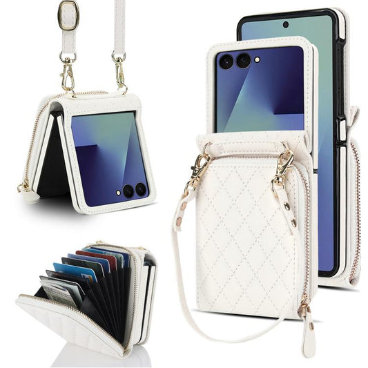 Large Zipper Card Slot Leather Phone Case with Crossbody Strap, For Samsung Galaxy Z Flip7 5G