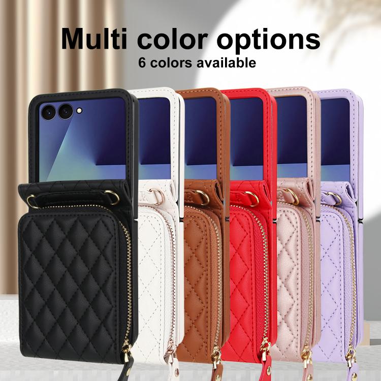 Large Zipper Card Slot Leather Phone Case with Crossbody Strap, For Samsung Galaxy Z Flip7 5G