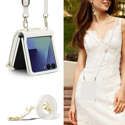 Large Zipper Card Slot Leather Phone Case with Crossbody Strap, For Samsung Galaxy Z Flip7 5G