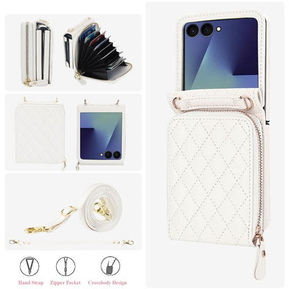 Large Zipper Card Slot Leather Phone Case with Crossbody Strap, For Samsung Galaxy Z Flip7 5G