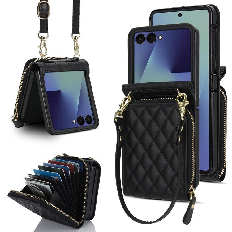 Large Zipper Card Slot Leather Phone Case with Crossbody Strap, For Samsung Galaxy Z Flip7 5G