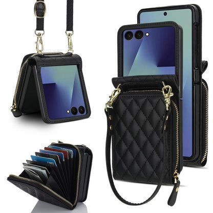 Large Zipper Card Slot Leather Phone Case with Crossbody Strap, For Samsung Galaxy Z Flip7 5G
