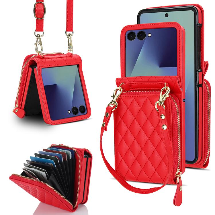 Large Zipper Card Slot Leather Phone Case with Crossbody Strap, For Samsung Galaxy Z Flip7 5G