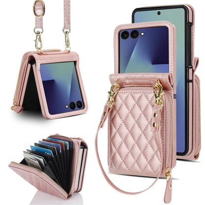 Large Zipper Card Slot Leather Phone Case with Crossbody Strap, For Samsung Galaxy Z Flip7 5G