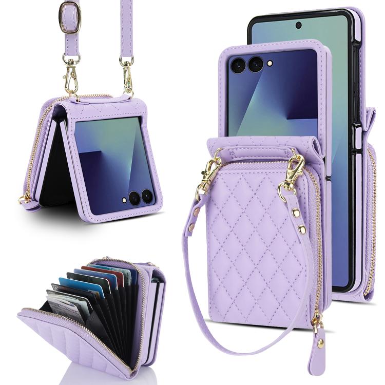 Large Zipper Card Slot Leather Phone Case with Crossbody Strap, For Samsung Galaxy Z Flip7 5G