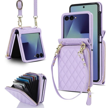 Large Zipper Card Slot Leather Phone Case with Crossbody Strap, For Samsung Galaxy Z Flip7 5G