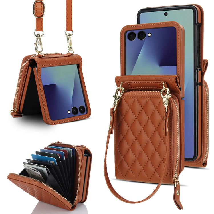 Large Zipper Card Slot Leather Phone Case with Crossbody Strap, For Samsung Galaxy Z Flip7 5G