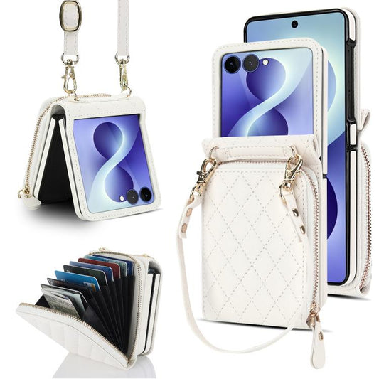 Large Zipper Card Slot Leather Phone Case with Crossbody Strap, For Galaxy Z Flip8 5G, For Samsung Galaxy Z Flip7 5G