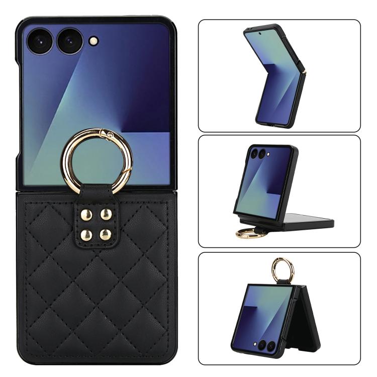 Rhombic Texture Ring Holder PU Phone Case, For Samsung Galaxy Z Flip7 5G