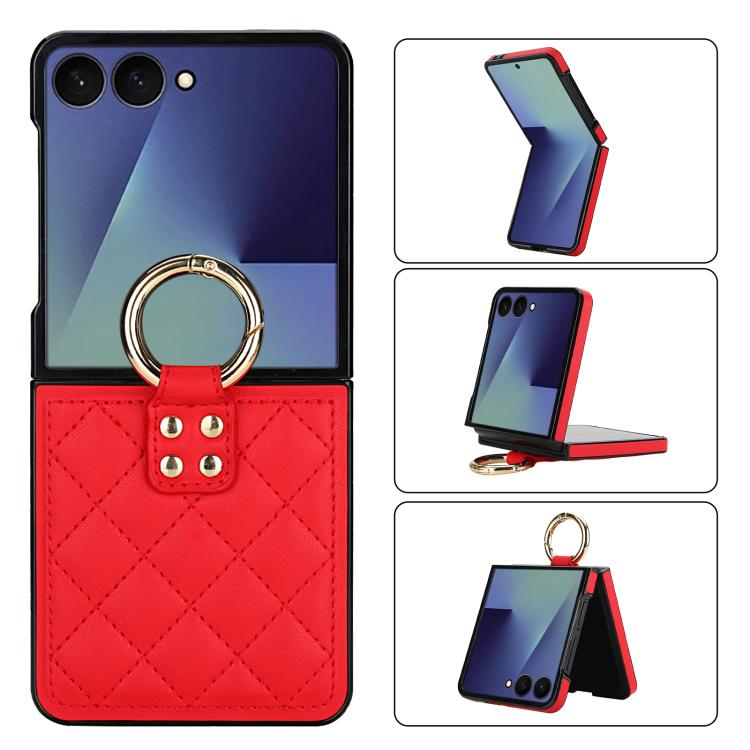 Rhombic Texture Ring Holder PU Phone Case, For Samsung Galaxy Z Flip7 5G