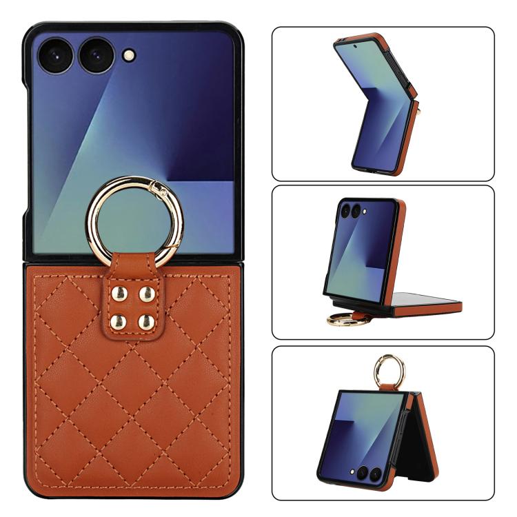 Rhombic Texture Ring Holder PU Phone Case, For Samsung Galaxy Z Flip7 5G