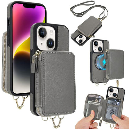 AwQuer 2 in 1 Crossbody Zipper Wallet Leather Back Phone Case, For iPhone 14 Plus, For iPhone 14 / 13, For iPhone 14 Pro, For iPhone 14 Pro Max, For iPhone 13 Pro Max, For iPhone 13 Pro, For iPhone 12 / 12 Pro, For iPhone 12 Pro Max