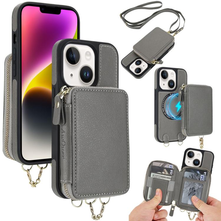 AwQuer 2 in 1 Crossbody Zipper Wallet Leather Back Phone Case, For iPhone 14 Plus, For iPhone 14 / 13, For iPhone 14 Pro, For iPhone 14 Pro Max, For iPhone 13 Pro Max, For iPhone 13 Pro, For iPhone 12 / 12 Pro, For iPhone 12 Pro Max