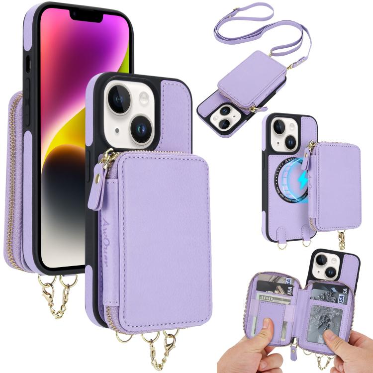 AwQuer 2 in 1 Crossbody Zipper Wallet Leather Back Phone Case, For iPhone 14 Plus, For iPhone 14 / 13, For iPhone 14 Pro, For iPhone 14 Pro Max, For iPhone 13 Pro Max, For iPhone 13 Pro, For iPhone 12 / 12 Pro, For iPhone 12 Pro Max