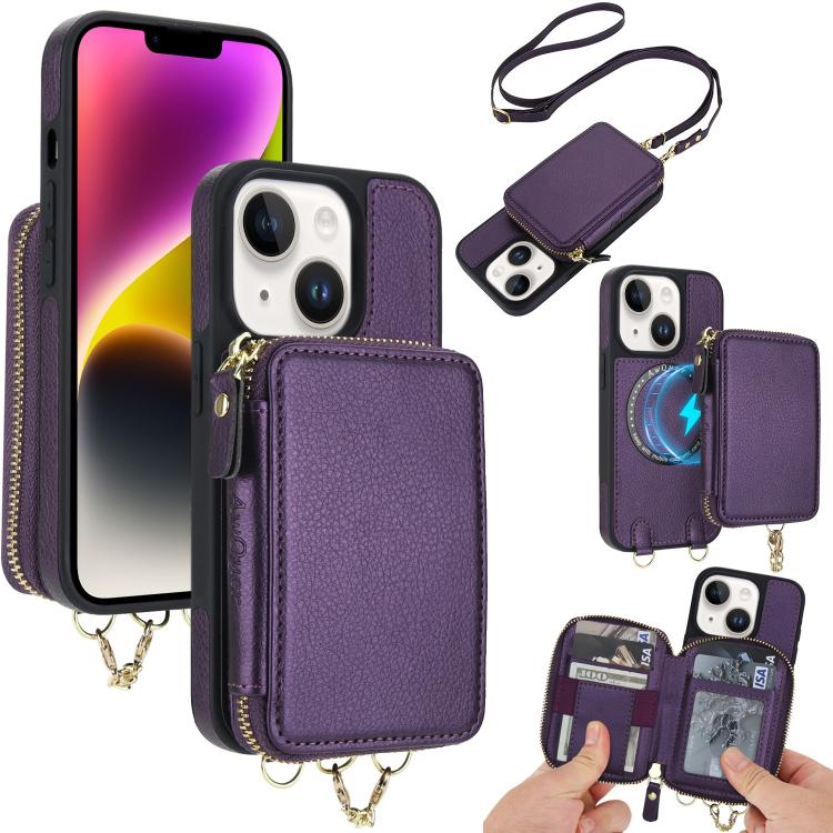 AwQuer 2 in 1 Crossbody Zipper Wallet Leather Back Phone Case, For iPhone 14 Plus, For iPhone 14 / 13, For iPhone 14 Pro, For iPhone 14 Pro Max, For iPhone 13 Pro Max, For iPhone 13 Pro, For iPhone 12 / 12 Pro, For iPhone 12 Pro Max