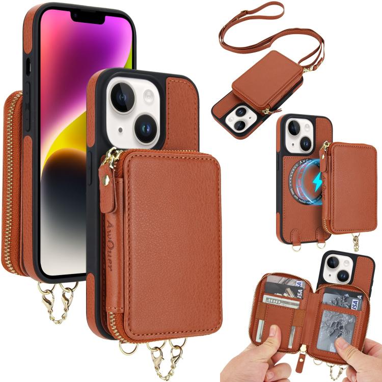 AwQuer 2 in 1 Crossbody Zipper Wallet Leather Back Phone Case, For iPhone 14 Plus, For iPhone 14 / 13, For iPhone 14 Pro, For iPhone 14 Pro Max, For iPhone 13 Pro Max, For iPhone 13 Pro, For iPhone 12 / 12 Pro, For iPhone 12 Pro Max