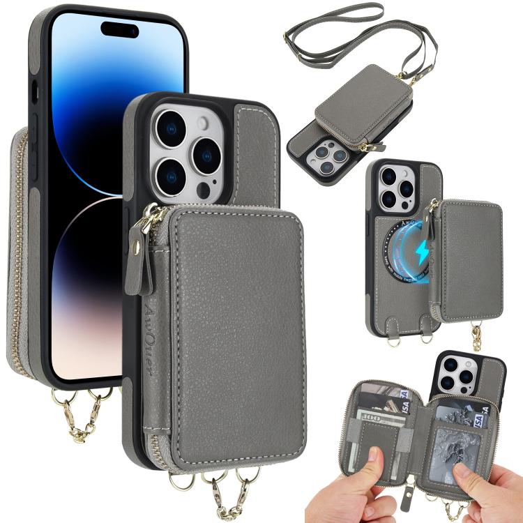AwQuer 2 in 1 Crossbody Zipper Wallet Leather Back Phone Case, For iPhone 14 Plus, For iPhone 14 / 13, For iPhone 14 Pro, For iPhone 14 Pro Max, For iPhone 13 Pro Max, For iPhone 13 Pro, For iPhone 12 / 12 Pro, For iPhone 12 Pro Max