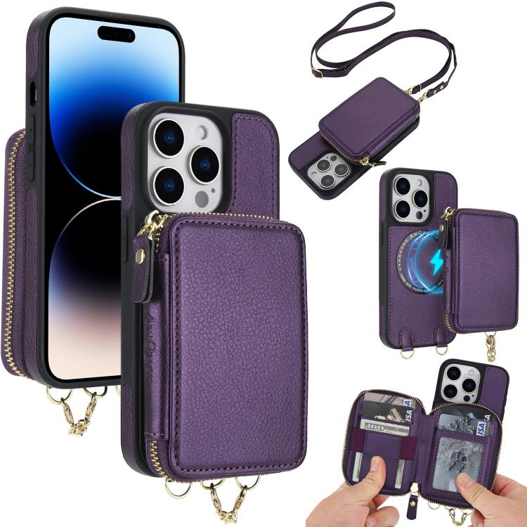 AwQuer 2 in 1 Crossbody Zipper Wallet Leather Back Phone Case, For iPhone 14 Plus, For iPhone 14 / 13, For iPhone 14 Pro, For iPhone 14 Pro Max, For iPhone 13 Pro Max, For iPhone 13 Pro, For iPhone 12 / 12 Pro, For iPhone 12 Pro Max
