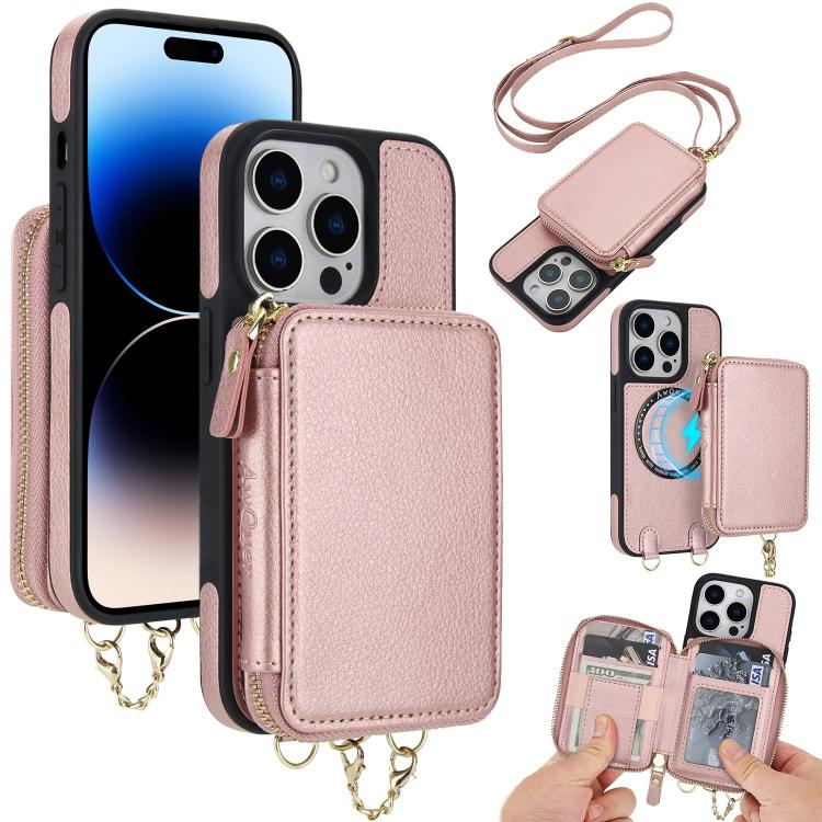 AwQuer 2 in 1 Crossbody Zipper Wallet Leather Back Phone Case, For iPhone 14 Plus, For iPhone 14 / 13, For iPhone 14 Pro, For iPhone 14 Pro Max, For iPhone 13 Pro Max, For iPhone 13 Pro, For iPhone 12 / 12 Pro, For iPhone 12 Pro Max