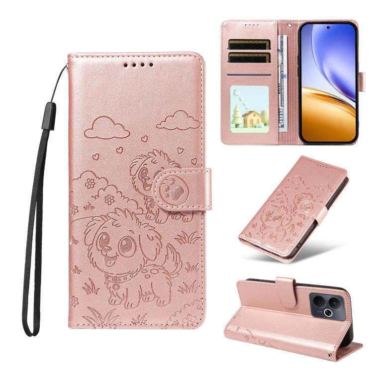 Embossed Heart Dog RFID Blocking Wallet Leather Phone Case, For Realme 16 Pro+ 5G Global, For Realme 16 Pro 5G Global, For Realme 15X 5G India / C85 5G, For Realme C85 Pro 4G, For Realme Narzo 80 Lite 4G / Note 70T, For Realme 15 5G / 15 Pro 5G Global ...