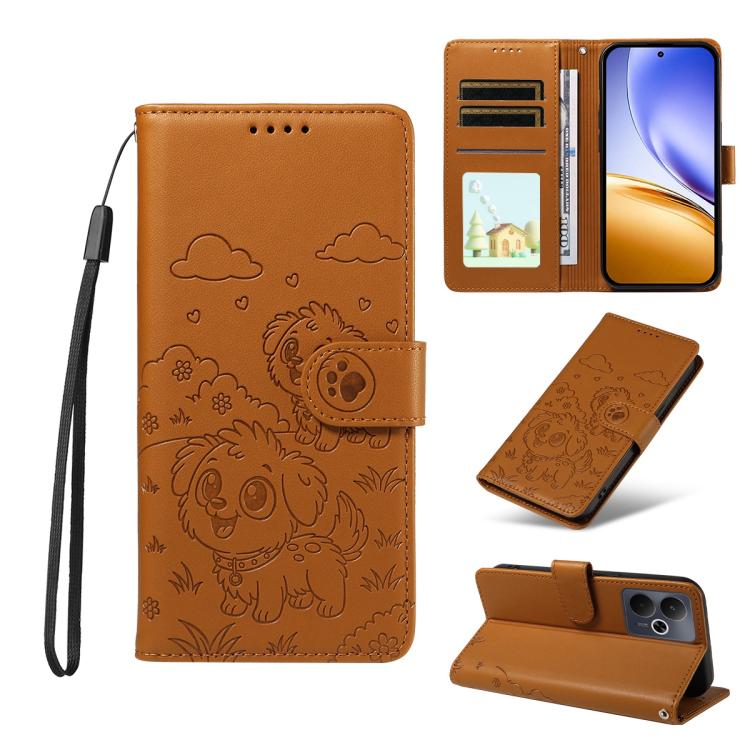 Embossed Heart Dog RFID Blocking Wallet Leather Phone Case, For Realme 16 Pro+ 5G Global, For Realme 16 Pro 5G Global, For Realme 15X 5G India / C85 5G, For Realme C85 Pro 4G, For Realme Narzo 80 Lite 4G / Note 70T, For Realme 15 5G / 15 Pro 5G Global ...
