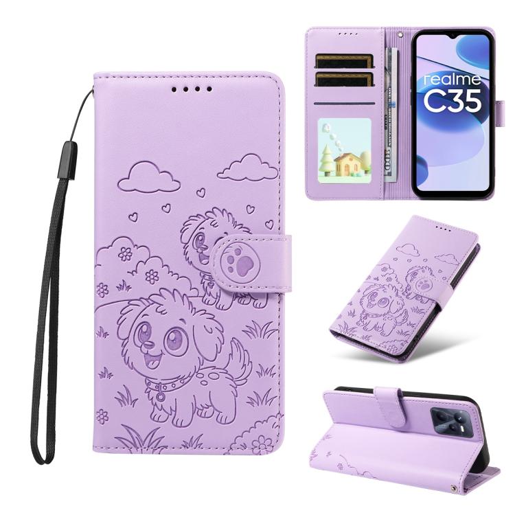 Embossed Heart Dog RFID Blocking Wallet Leather Phone Case, For Realme 16 Pro+ 5G Global, For Realme 16 Pro 5G Global, For Realme 15X 5G India / C85 5G, For Realme C85 Pro 4G, For Realme Narzo 80 Lite 4G / Note 70T, For Realme 15 5G / 15 Pro 5G Global ...