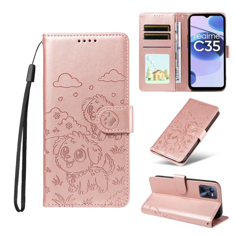 Embossed Heart Dog RFID Blocking Wallet Leather Phone Case, For Realme 16 Pro+ 5G Global, For Realme 16 Pro 5G Global, For Realme 15X 5G India / C85 5G, For Realme C85 Pro 4G, For Realme Narzo 80 Lite 4G / Note 70T, For Realme 15 5G / 15 Pro 5G Global ...